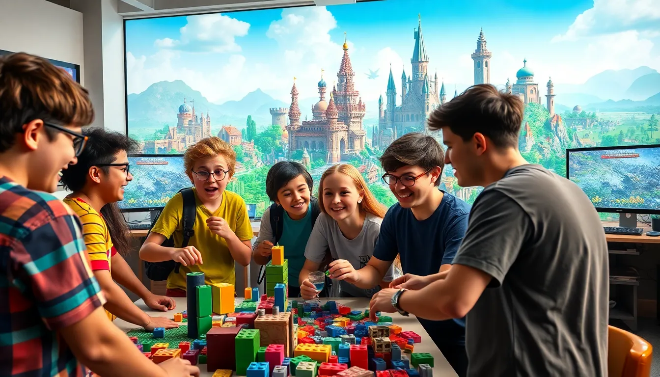 diverse gamers collaborating on imaginative Minecraft structures.