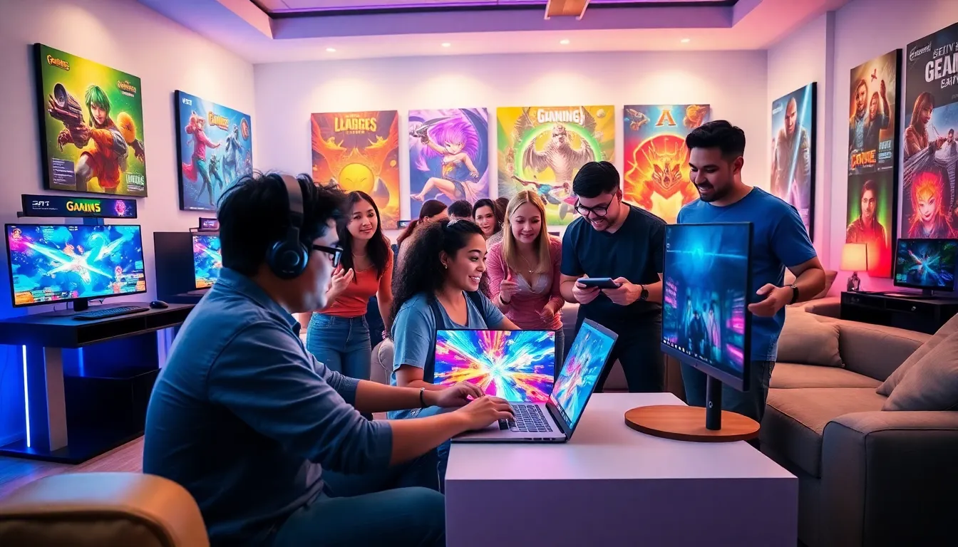 diverse group of gamers enjoying digital games in a modern setting.