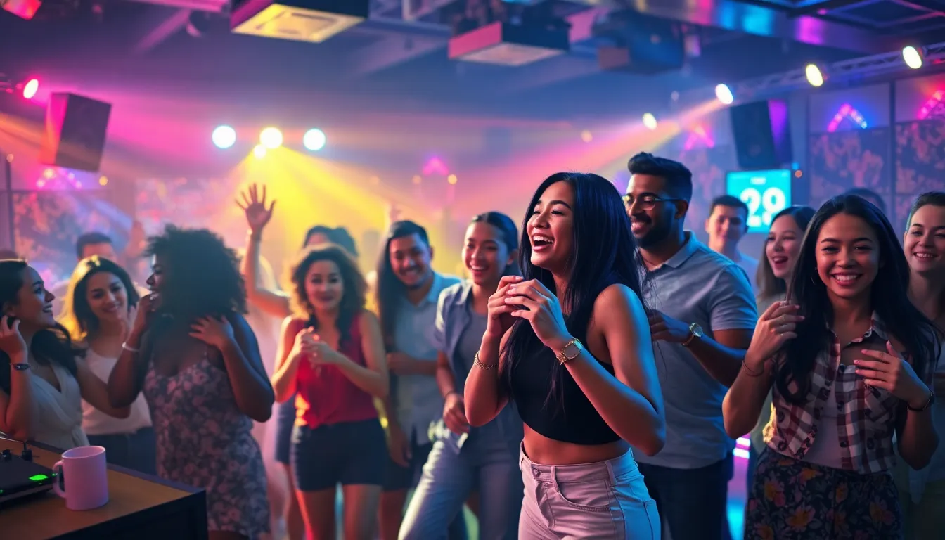 diverse group dancing at a lively party in a modern club.