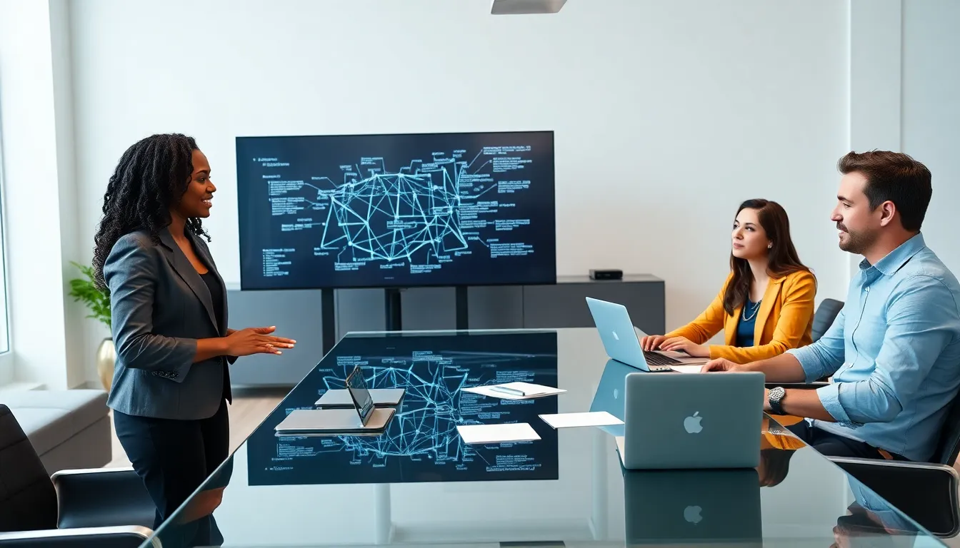 diverse professionals collaborating on blockchain technology in a modern office.