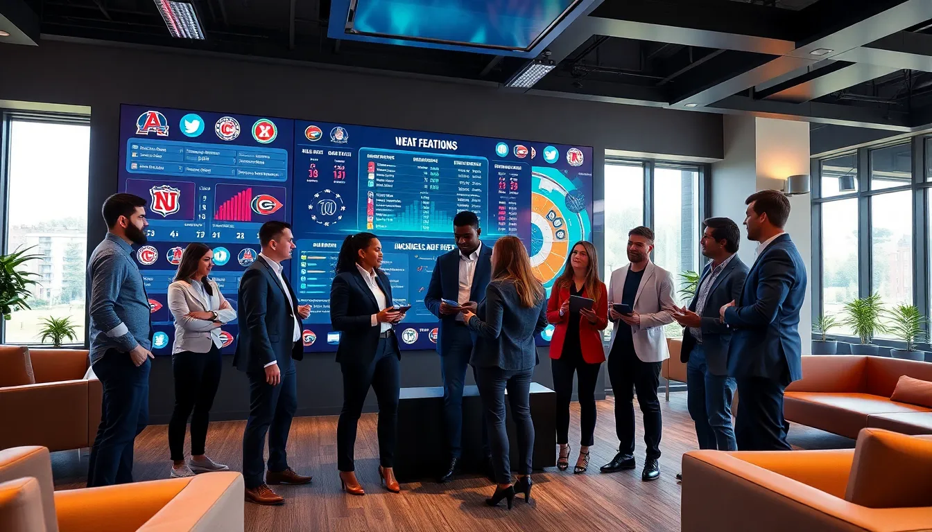 diverse professionals engaging with interactive sports technology.