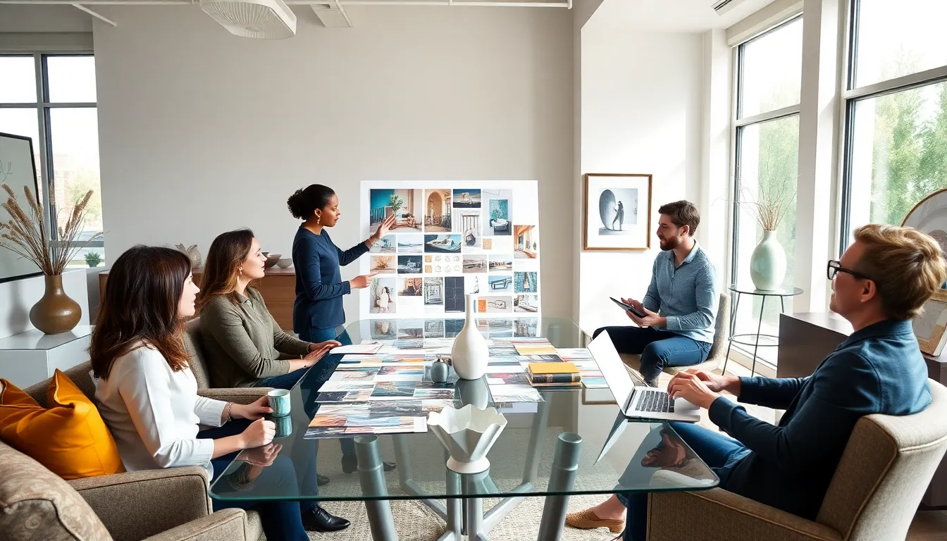 diverse team of interior designers collaborating in a modern office setting.