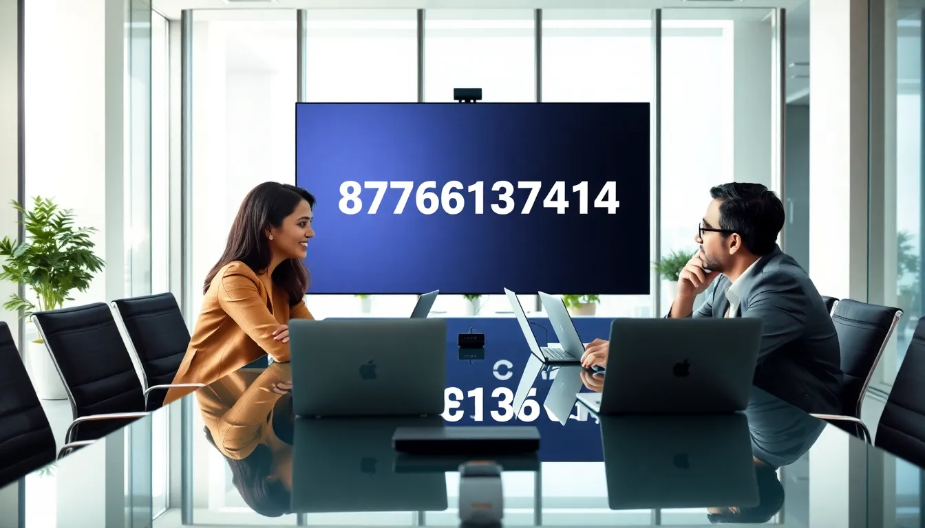 diverse professionals discussing over a video call in a modern office.