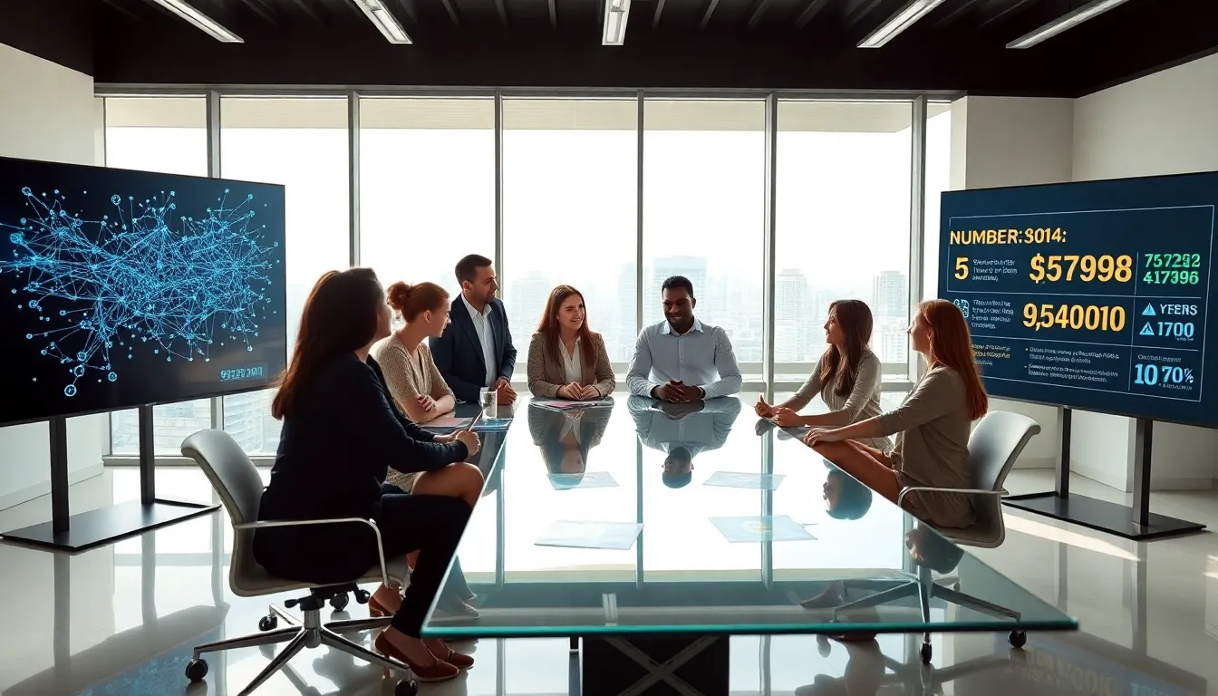 diverse team discussing numbers and technology in a modern office.