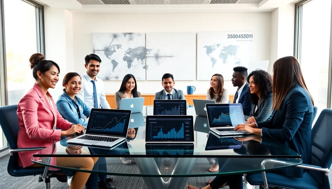 diverse team collaborating in a modern office discussing data management.